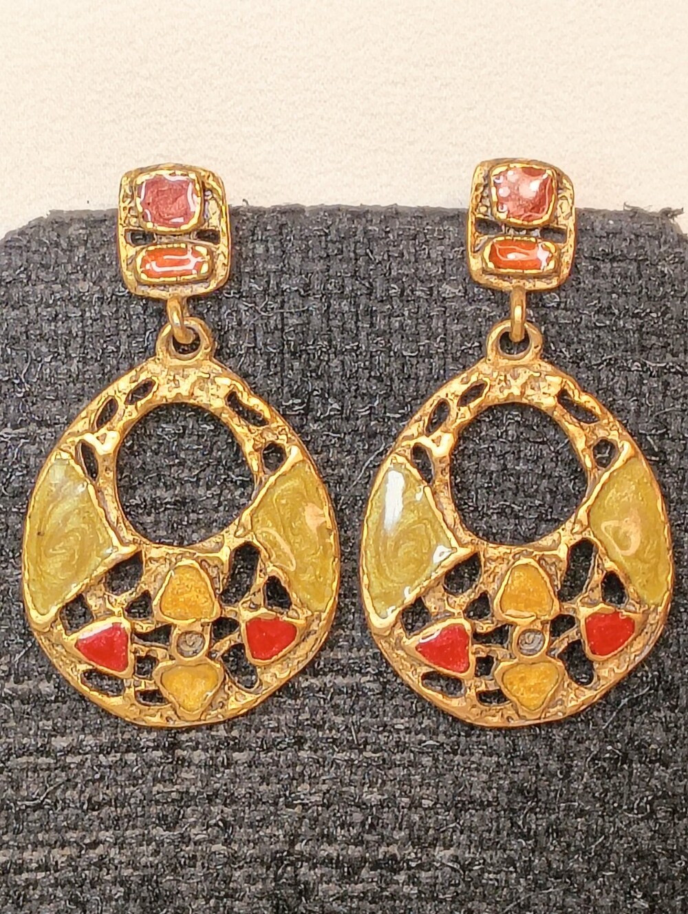 Gold-Tone Drop Earrings with Yellow and Red Enamel